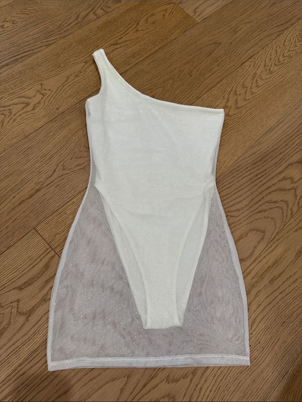 One-Shoulder White Mesh Detail Bodysuit Dress